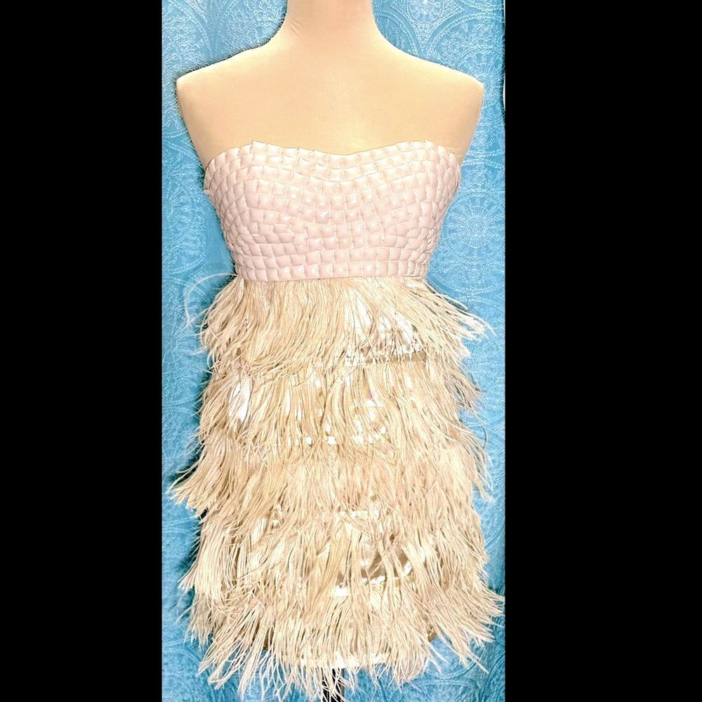 NWT Black Collection Cream Beaded Fringe Flapper Mini Dress Size S